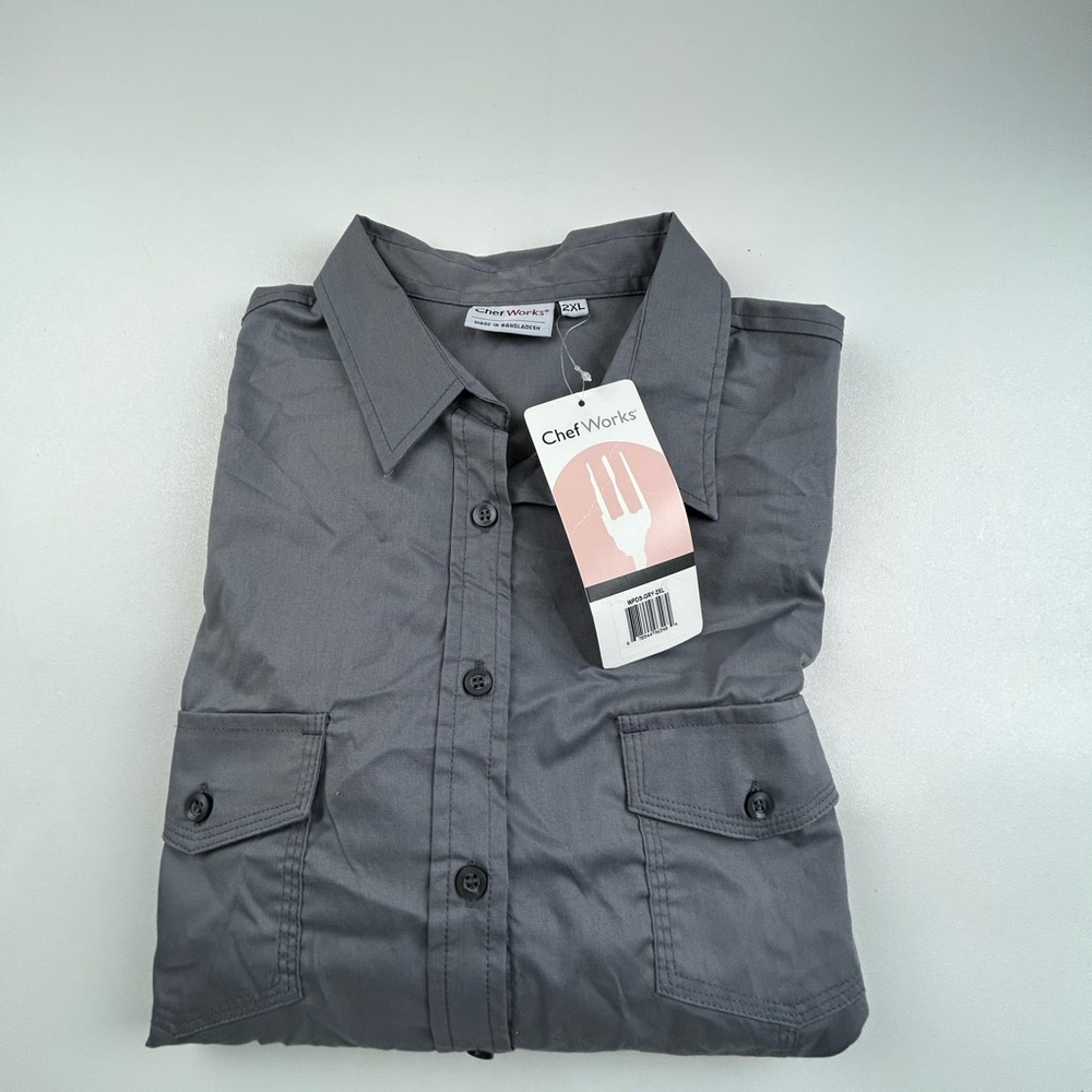 Chef Works Mens 2XL Button Down Gray Shirt Long Sleeve